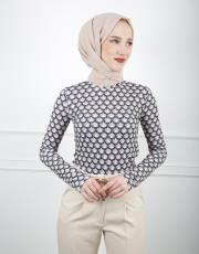 petrol 0001 kadriye baştürk geometrik desenli dik yaka bluz