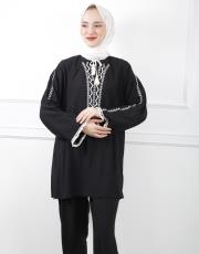 siyah 0001 kadriye baştürk nakışlı rahat keten gömlek  3