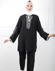 siyah 0001 kadriye baştürk nakışlı rahat keten gömlek  4