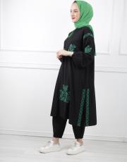 siyah 0021 kadriye baştürk nakış detaylı yırtmaçlı keten tunik 3