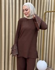 kahverengi 4584 missemramiss special kol taşlı triko takım 4