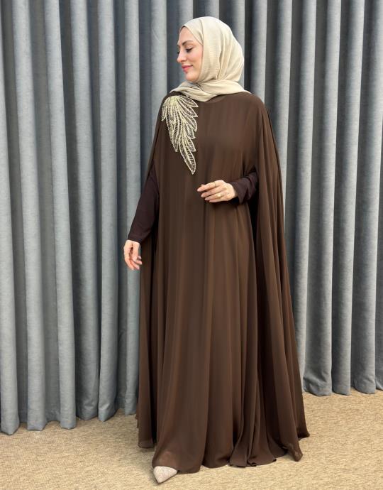 Kahve 3185 White Corner Abiye Elbise