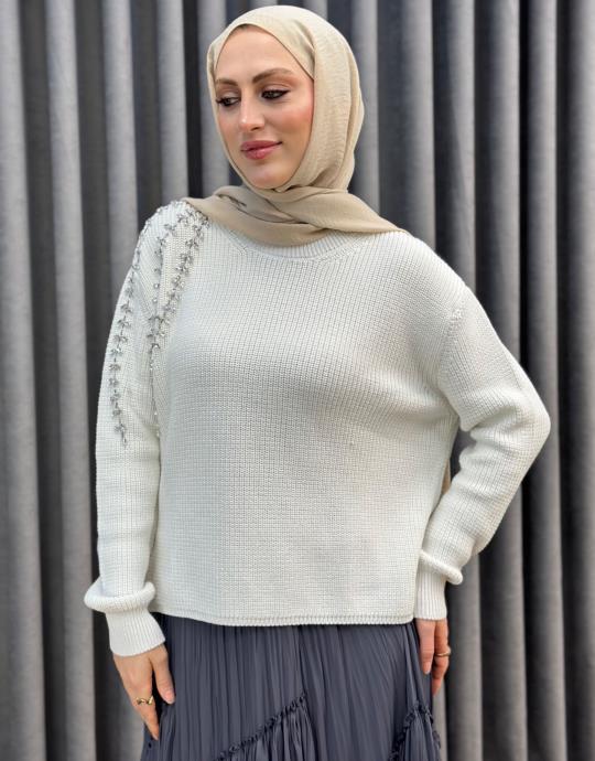 Ekru 25K 4873 Missemramiss Taş Islemeli Triko Kazak