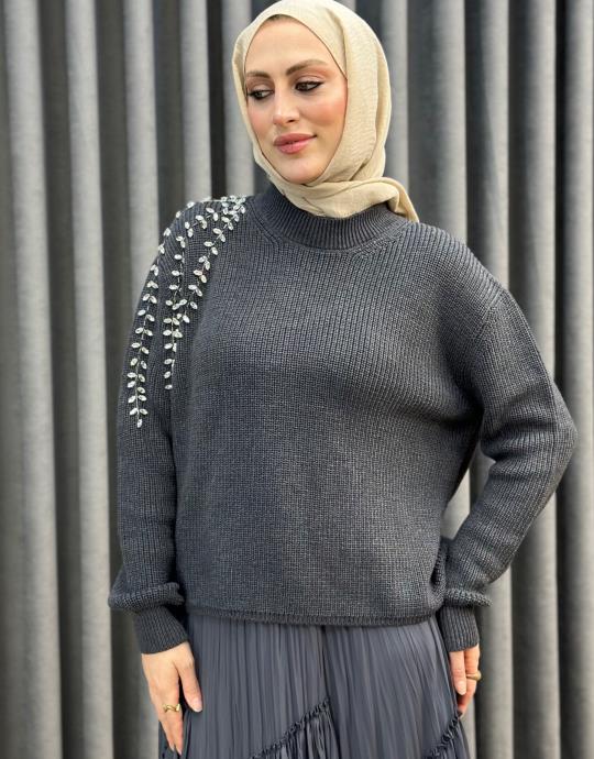 Gri 25K 4873 Missemramiss Taş Islemeli Triko Kazak