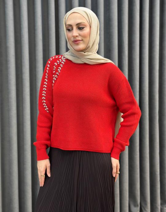 Kirmizi 25K 4873 Missemramiss Taş Islemeli Triko Kazak